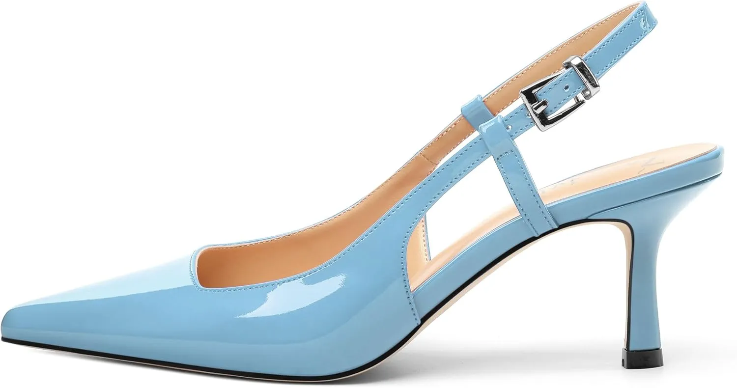 Women's Patent Leather Ankle Strap Slingback Pointed Toe Mid Heel Pumps Business Office Work Dress Shoes 2.55 Inch