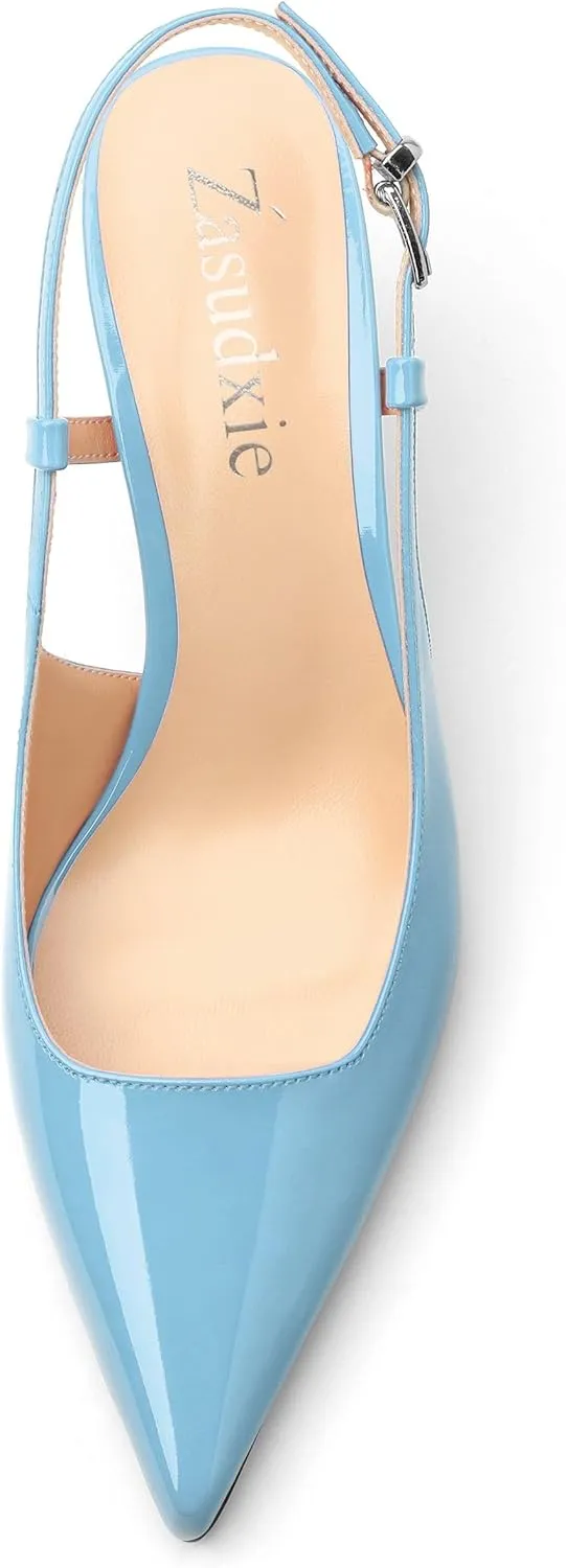 Women's Patent Leather Ankle Strap Slingback Pointed Toe Mid Heel Pumps Business Office Work Dress Shoes 2.55 Inch