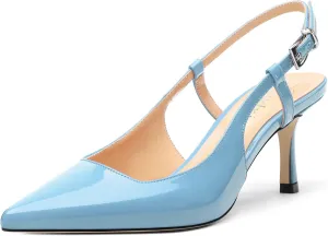 Women's Patent Leather Ankle Strap Slingback Pointed Toe Mid Heel Pumps Business Office Work Dress Shoes 2.55 Inch