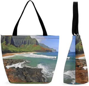 Women's Shopping Bag, Seashore Print Tote Bag for Women Reusable Shopping Bag Large Shopping Tote Fashionable Shopping Bag