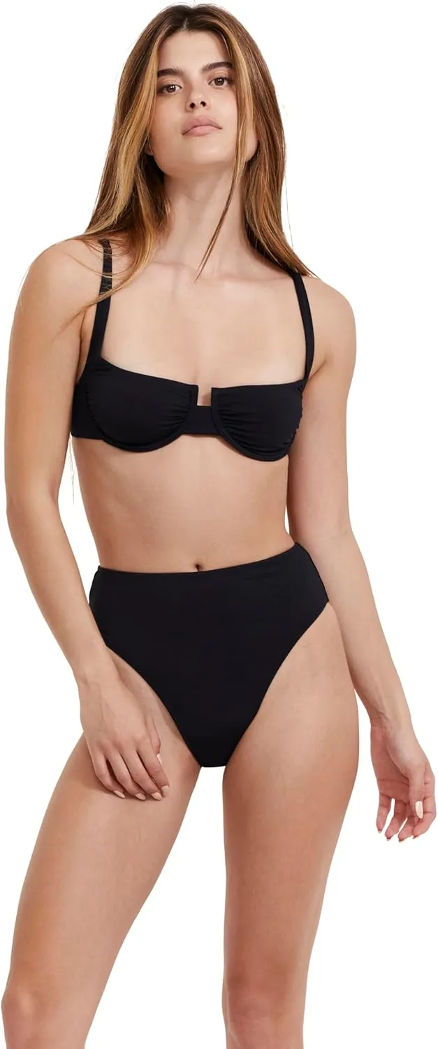 Women’s Solid Black High Rise High Leg Bikini Bottom with Cheeky Back Coverage and Full Lining Essential