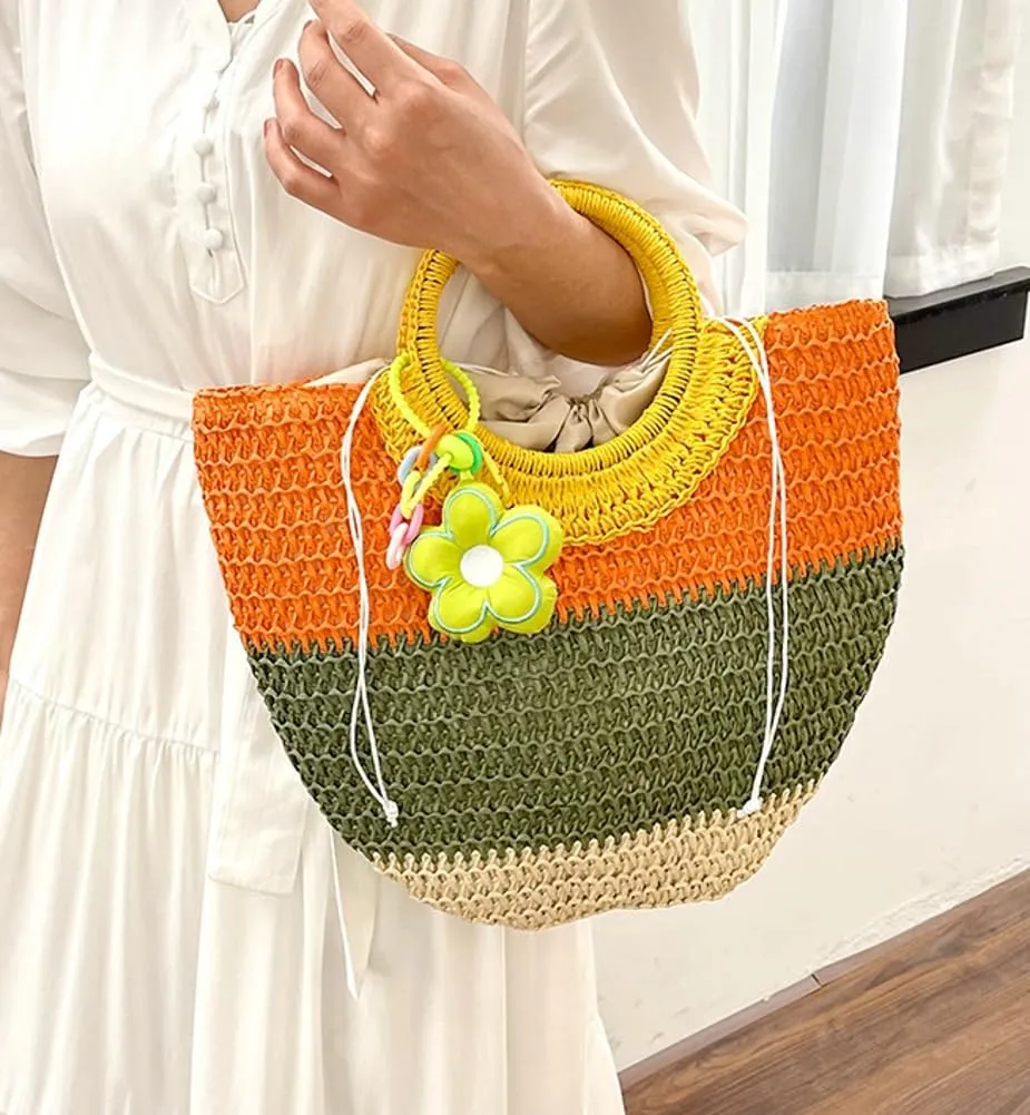 Womens Straw Handbags Casual Totes Rattan Woven Purse Summer Beach Shoulder Bag Colorful Satchel Vacation