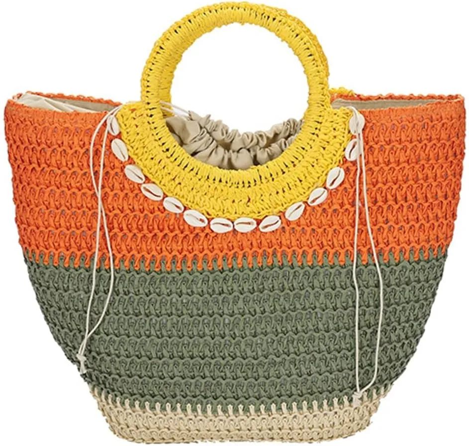 Womens Straw Handbags Casual Totes Rattan Woven Purse Summer Beach Shoulder Bag Colorful Satchel Vacation