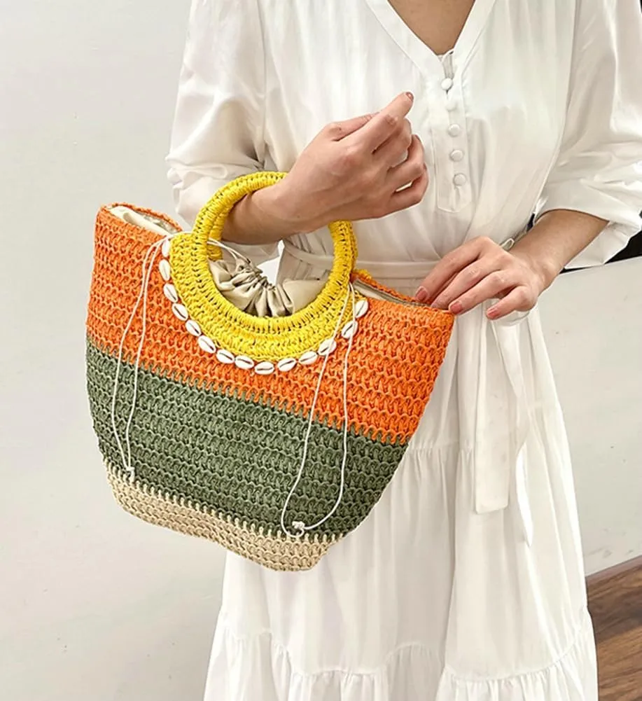 Womens Straw Handbags Casual Totes Rattan Woven Purse Summer Beach Shoulder Bag Colorful Satchel Vacation