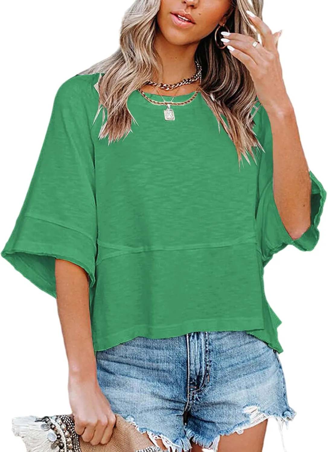 Women's Summer Casual Crewneck Batwing Half Sleeve T-Shirts Solid Color Loose Fit Cute Basic Flowy Tops Tees Blouses