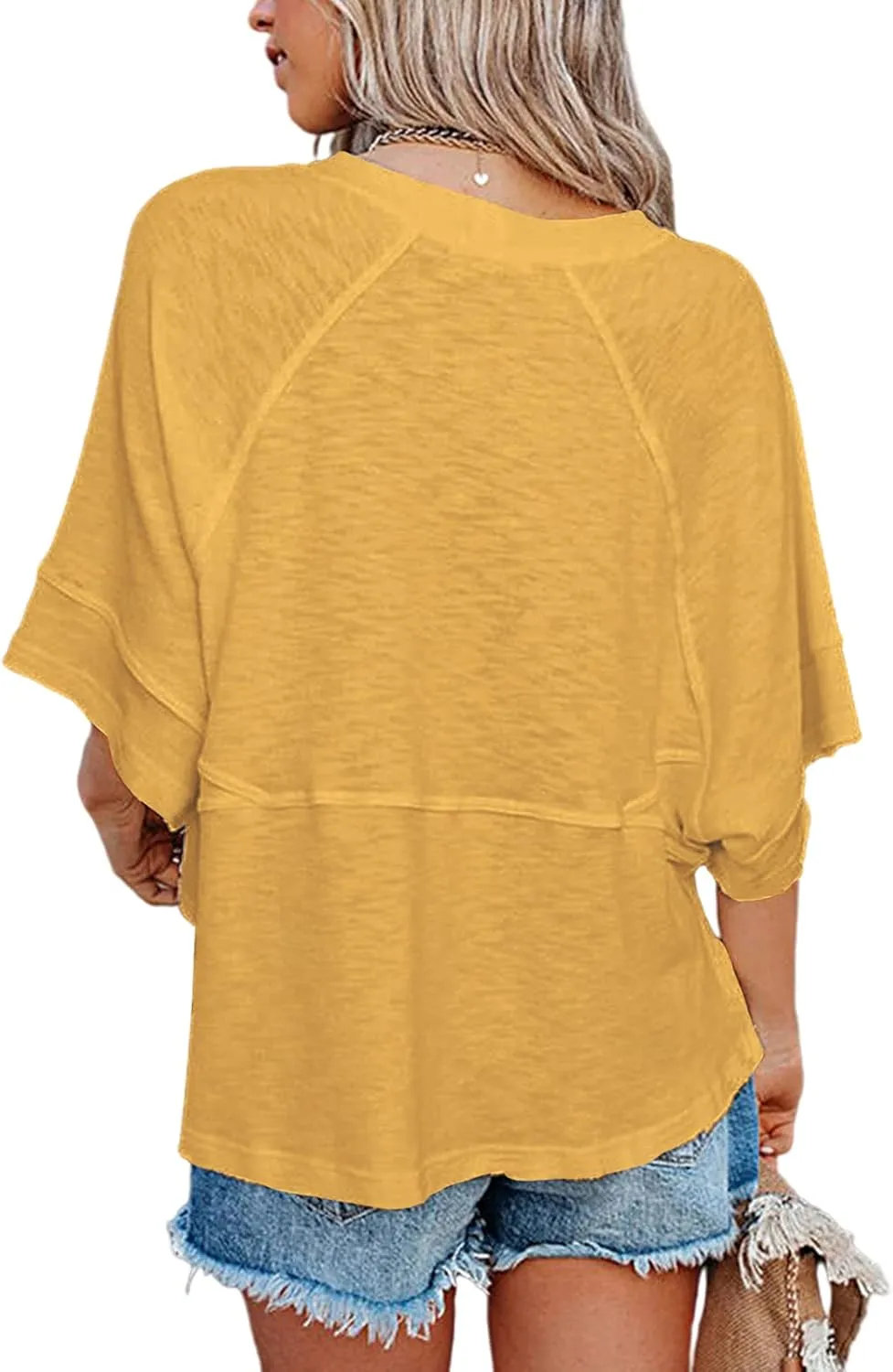 Women's Summer Casual Crewneck Batwing Half Sleeve T-Shirts Solid Color Loose Fit Cute Basic Flowy Tops Tees Blouses