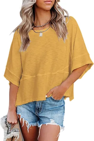 Women's Summer Casual Crewneck Batwing Half Sleeve T-Shirts Solid Color Loose Fit Cute Basic Flowy Tops Tees Blouses