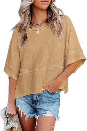 Women's Summer Casual Crewneck Batwing Half Sleeve T-Shirts Solid Color Loose Fit Cute Basic Flowy Tops Tees Blouses