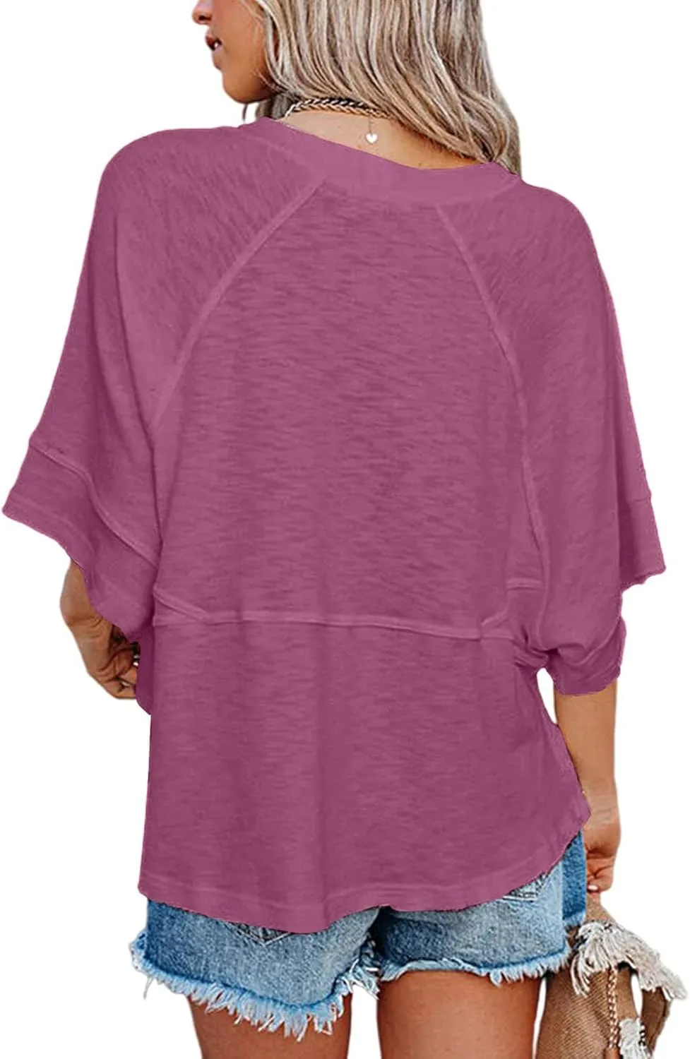 Women's Summer Casual Crewneck Batwing Half Sleeve T-Shirts Solid Color Loose Fit Cute Basic Flowy Tops Tees Blouses