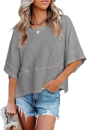 Women's Summer Casual Crewneck Batwing Half Sleeve T-Shirts Solid Color Loose Fit Cute Basic Flowy Tops Tees Blouses