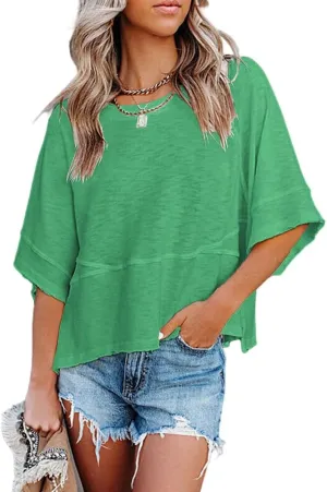 Women's Summer Casual Crewneck Batwing Half Sleeve T-Shirts Solid Color Loose Fit Cute Basic Flowy Tops Tees Blouses