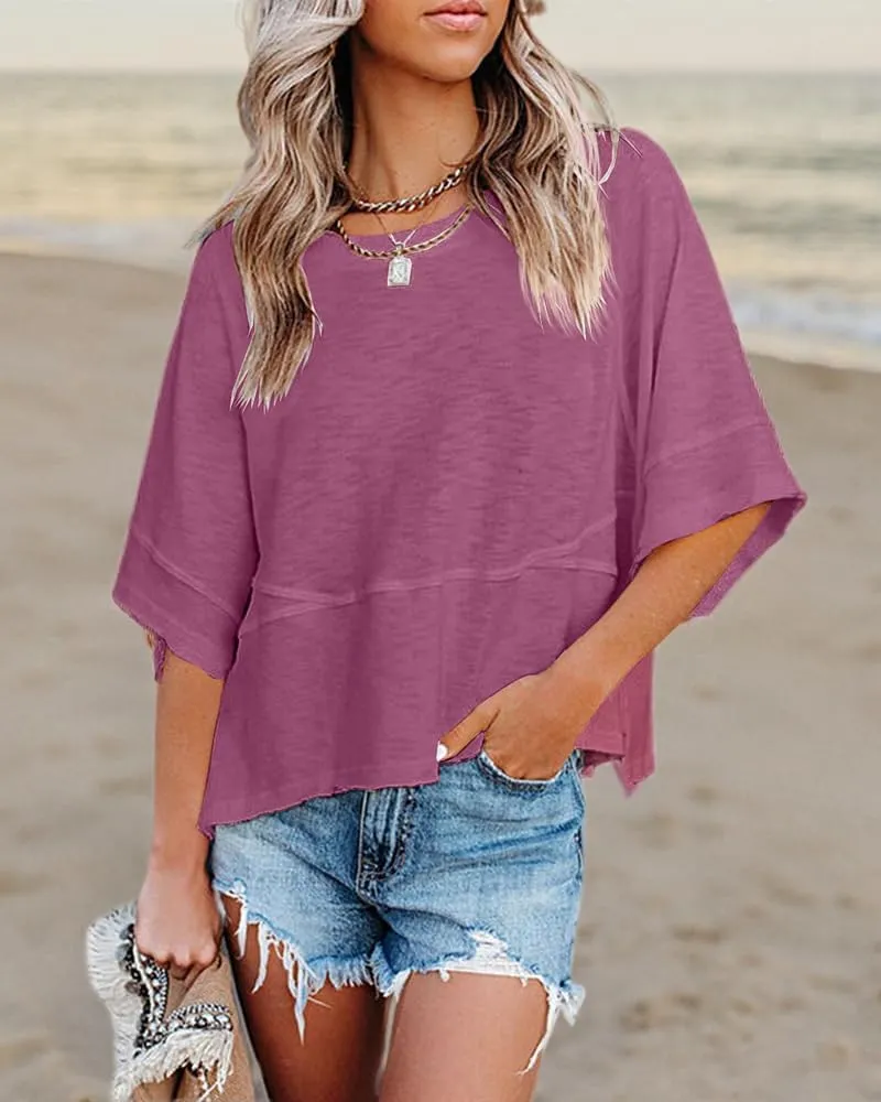 Women's Summer Casual Crewneck Batwing Half Sleeve T-Shirts Solid Color Loose Fit Cute Basic Flowy Tops Tees Blouses