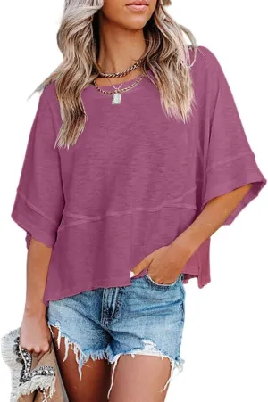 Women's Summer Casual Crewneck Batwing Half Sleeve T-Shirts Solid Color Loose Fit Cute Basic Flowy Tops Tees Blouses