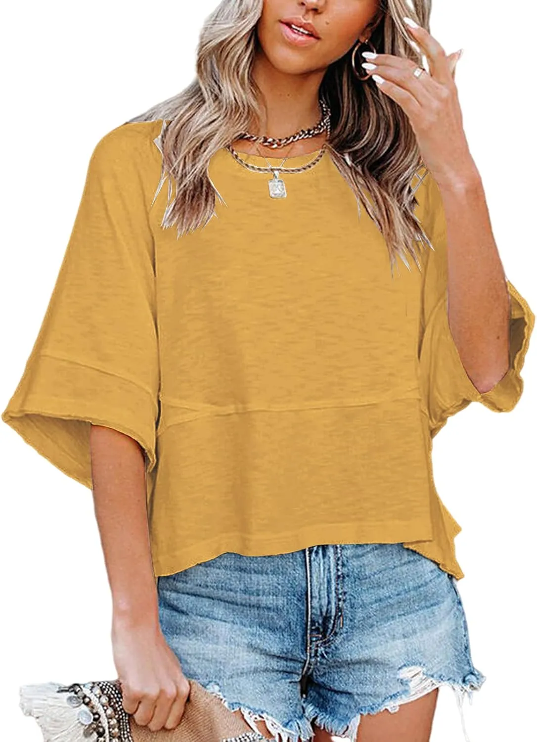 Women's Summer Casual Crewneck Batwing Half Sleeve T-Shirts Solid Color Loose Fit Cute Basic Flowy Tops Tees Blouses