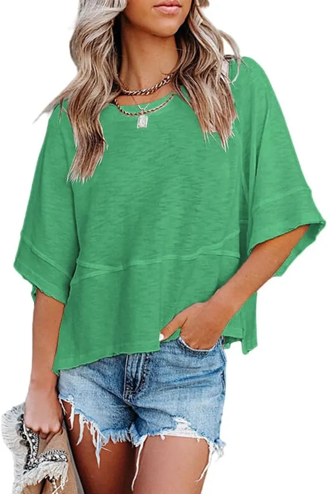 Women's Summer Casual Crewneck Batwing Half Sleeve T-Shirts Solid Color Loose Fit Cute Basic Flowy Tops Tees Blouses