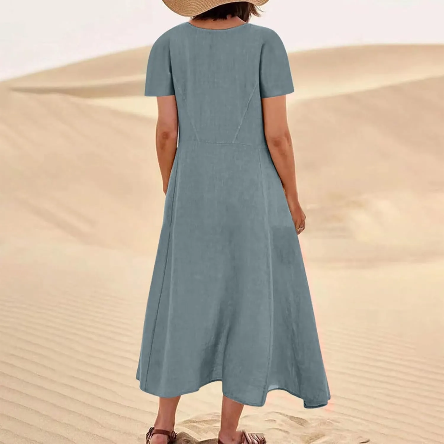 Women's Summer Dress Casual Short Sleeve Flowy with Pockets Comfortable Loose Outdoor Dressy Scoop Neck Clothes 2025
