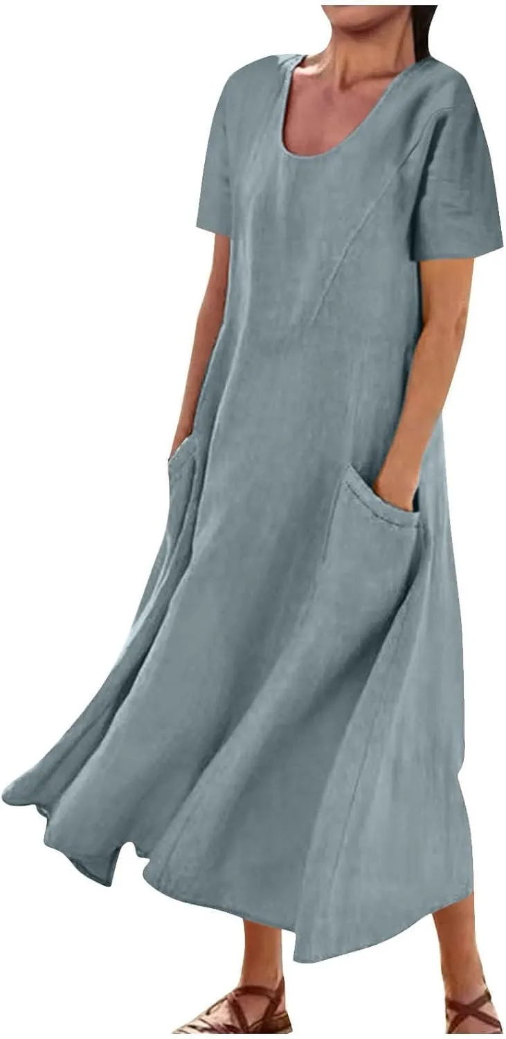 Women's Summer Dress Casual Short Sleeve Flowy with Pockets Comfortable Loose Outdoor Dressy Scoop Neck Clothes 2025