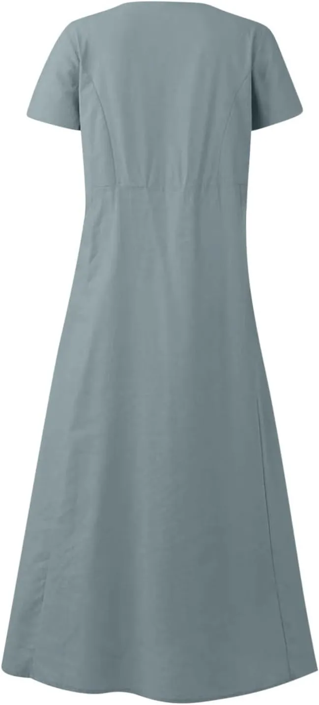 Women's Summer Dress Casual Short Sleeve Flowy with Pockets Comfortable Loose Outdoor Dressy Scoop Neck Clothes 2025