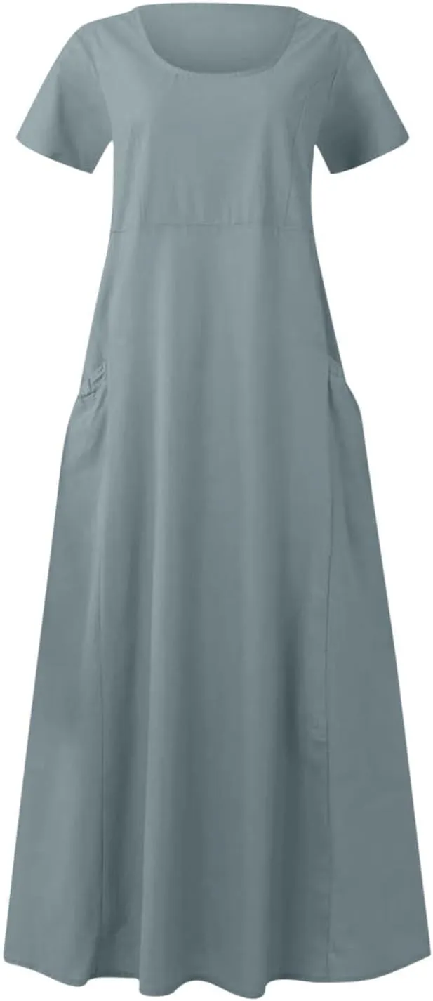 Women's Summer Dress Casual Short Sleeve Flowy with Pockets Comfortable Loose Outdoor Dressy Scoop Neck Clothes 2025