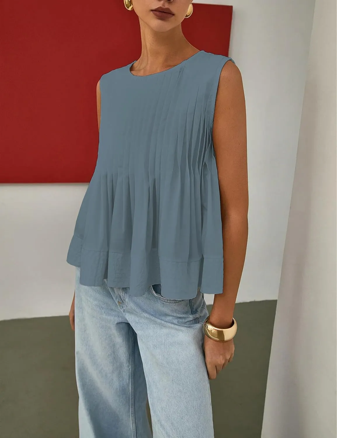 Womens Summer Pleated Peplum Sleeveless Blouse Tank Tops Round Neck Y2K Babydoll Blouse Shirt