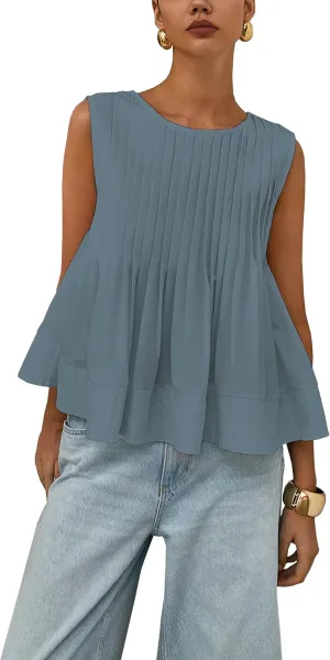 Womens Summer Pleated Peplum Sleeveless Blouse Tank Tops Round Neck Y2K Babydoll Blouse Shirt
