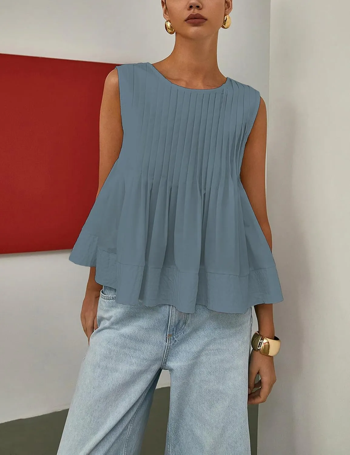 Womens Summer Pleated Peplum Sleeveless Blouse Tank Tops Round Neck Y2K Babydoll Blouse Shirt