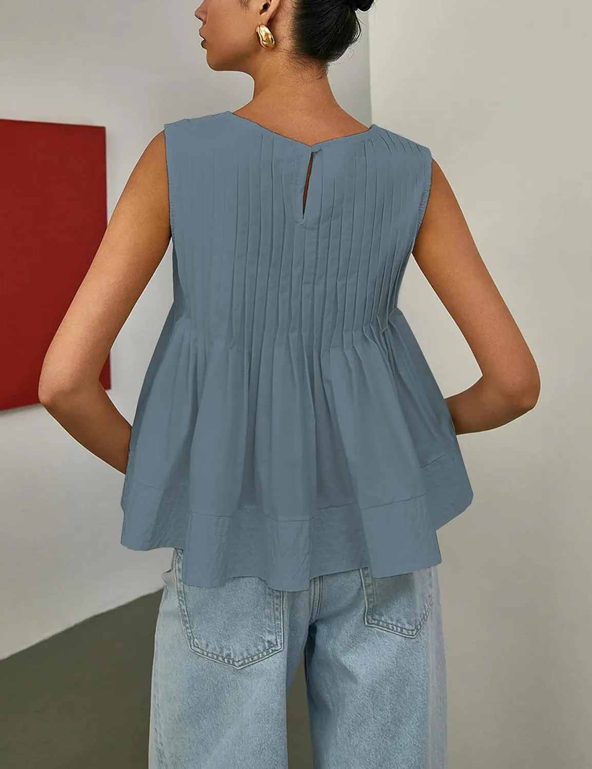 Womens Summer Pleated Peplum Sleeveless Blouse Tank Tops Round Neck Y2K Babydoll Blouse Shirt
