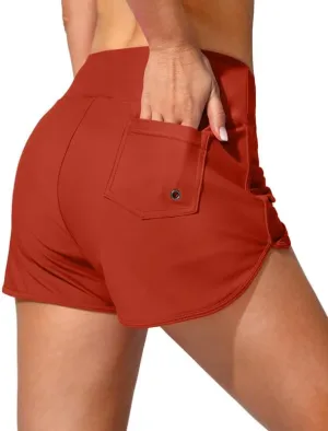 Women's Swim Shorts with Pockets High Waisted Tummy Control Board Swimsuit Bathing Shorts for Women with Liner