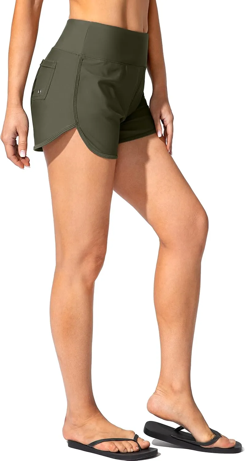 Women's Swim Shorts with Pockets High Waisted Tummy Control Board Swimsuit Bathing Shorts for Women with Liner