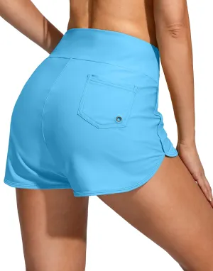 Women's Swim Shorts with Pockets High Waisted Tummy Control Board Swimsuit Bathing Shorts for Women with Liner