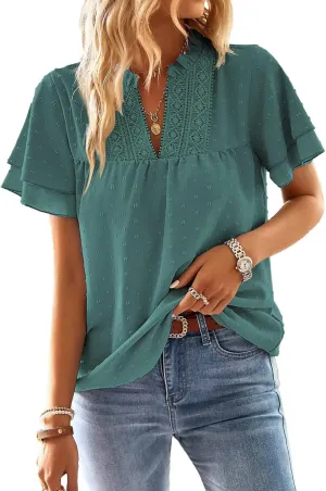 Womens Tops Butterfly Sleeve V Neck Blouses for Women Dressy Casual Flowy Swiss Dot Ruffle Short Sleeve Shirts