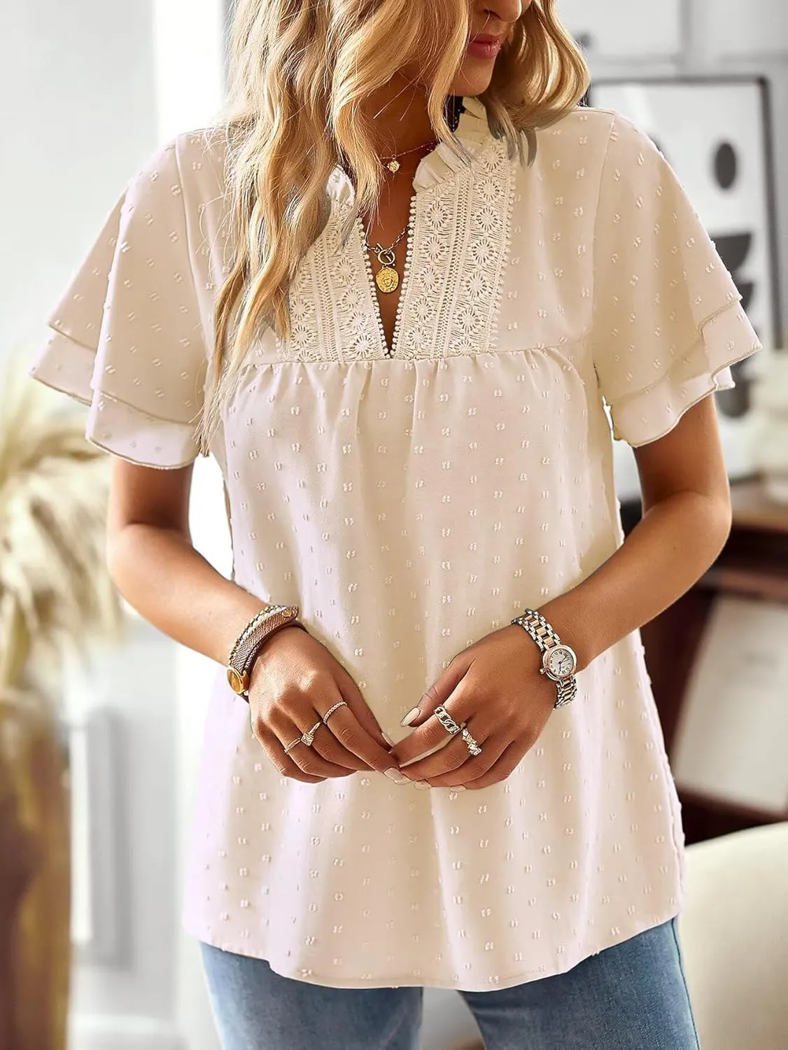 Womens Tops Butterfly Sleeve V Neck Blouses for Women Dressy Casual Flowy Swiss Dot Ruffle Short Sleeve Shirts