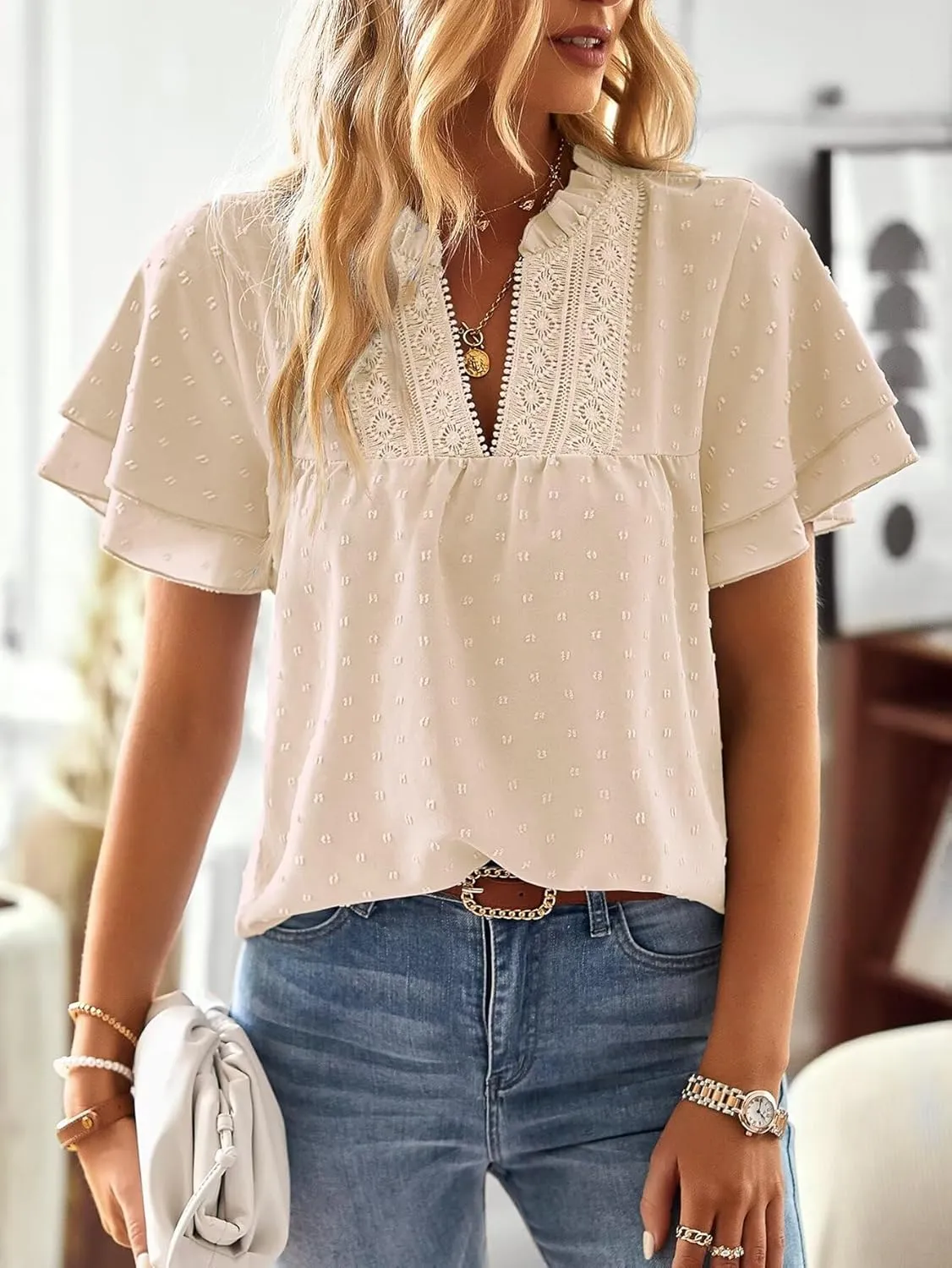 Womens Tops Butterfly Sleeve V Neck Blouses for Women Dressy Casual Flowy Swiss Dot Ruffle Short Sleeve Shirts