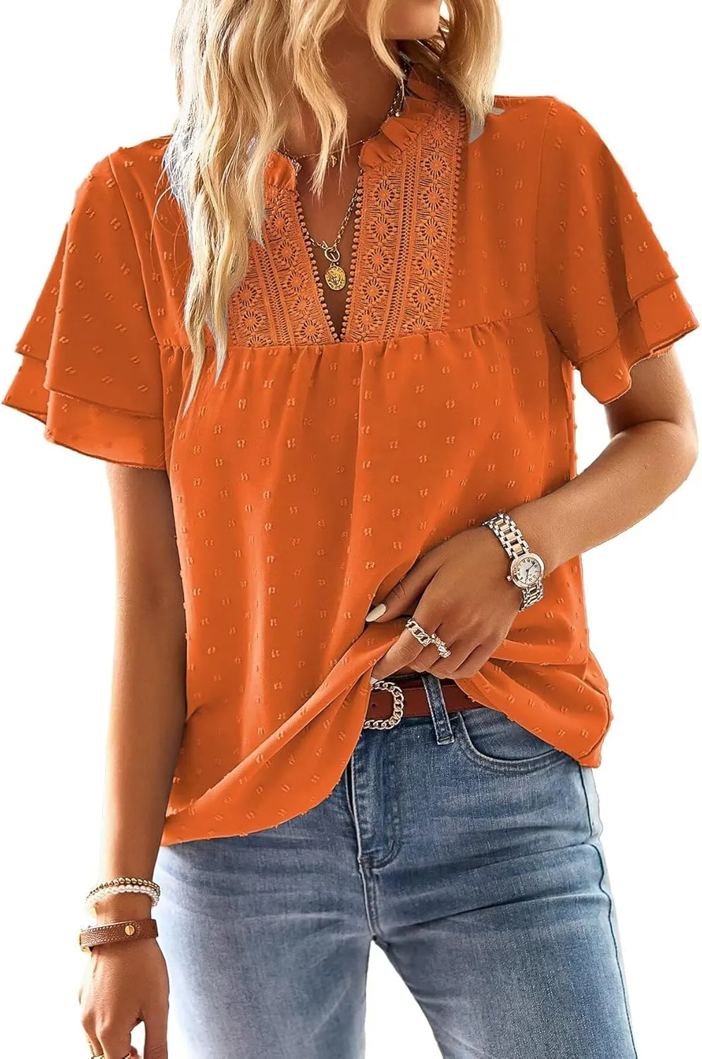 Womens Tops Butterfly Sleeve V Neck Blouses for Women Dressy Casual Flowy Swiss Dot Ruffle Short Sleeve Shirts