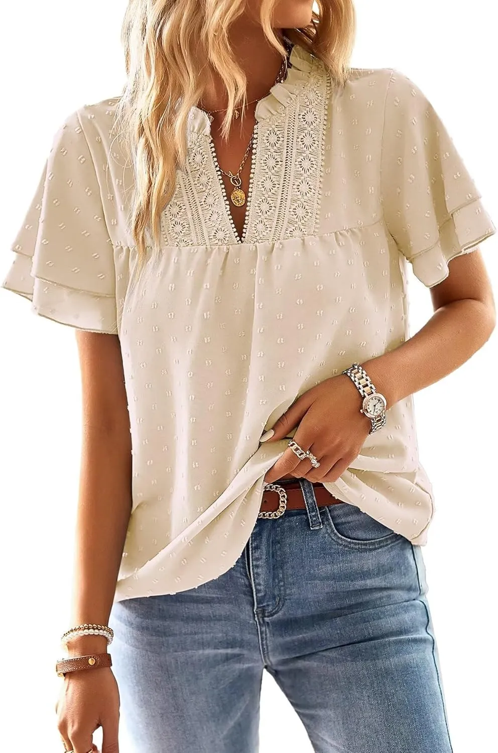 Womens Tops Butterfly Sleeve V Neck Blouses for Women Dressy Casual Flowy Swiss Dot Ruffle Short Sleeve Shirts