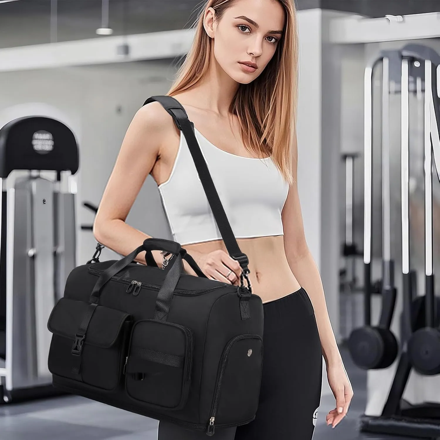 Women's Travel Gym Bag with Shoe Compartment & Dry/Wet Pockets, Expandable 8L Large Weekender Duffel for Yoga, Swimming, Overnight Trip, Checkered, Thick Top Handle, Black
