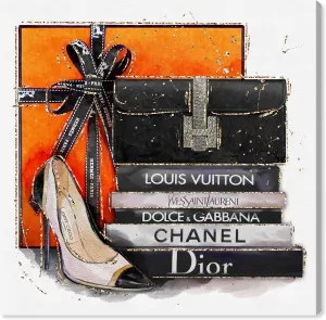 Wynwood Studio Fashion and Glam Contemporary Wrapped Canvas Art - French Shopping Day Ivory, Wall Art for Living Room, Bedroom, and Bathroom, 20 in x 20 in, Orange and Black Home Decor