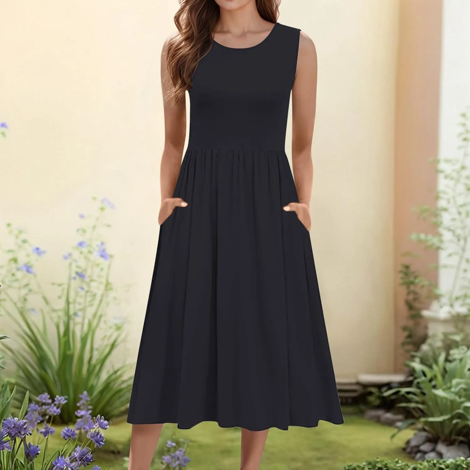 WYTong Women's Summer Tank Midi Dress 2025 Sleeveless Tank Midi Dresses with Pockets Casual A Line Flowy Dress