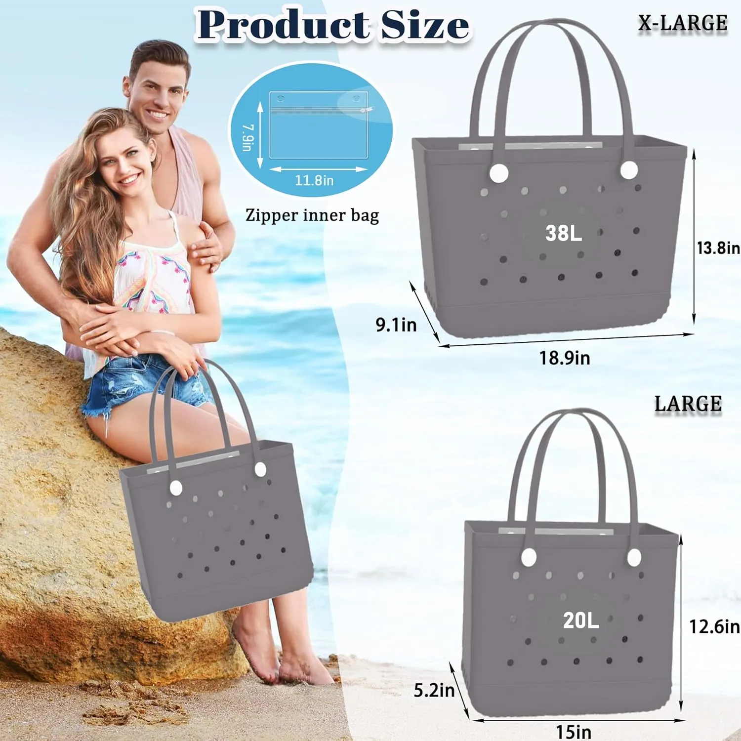 X-Large Beach Rubber Bag Waterproof Washable Handbag Durable Modern Travel Tote Bag Sports Beach Groceries Pool Travel