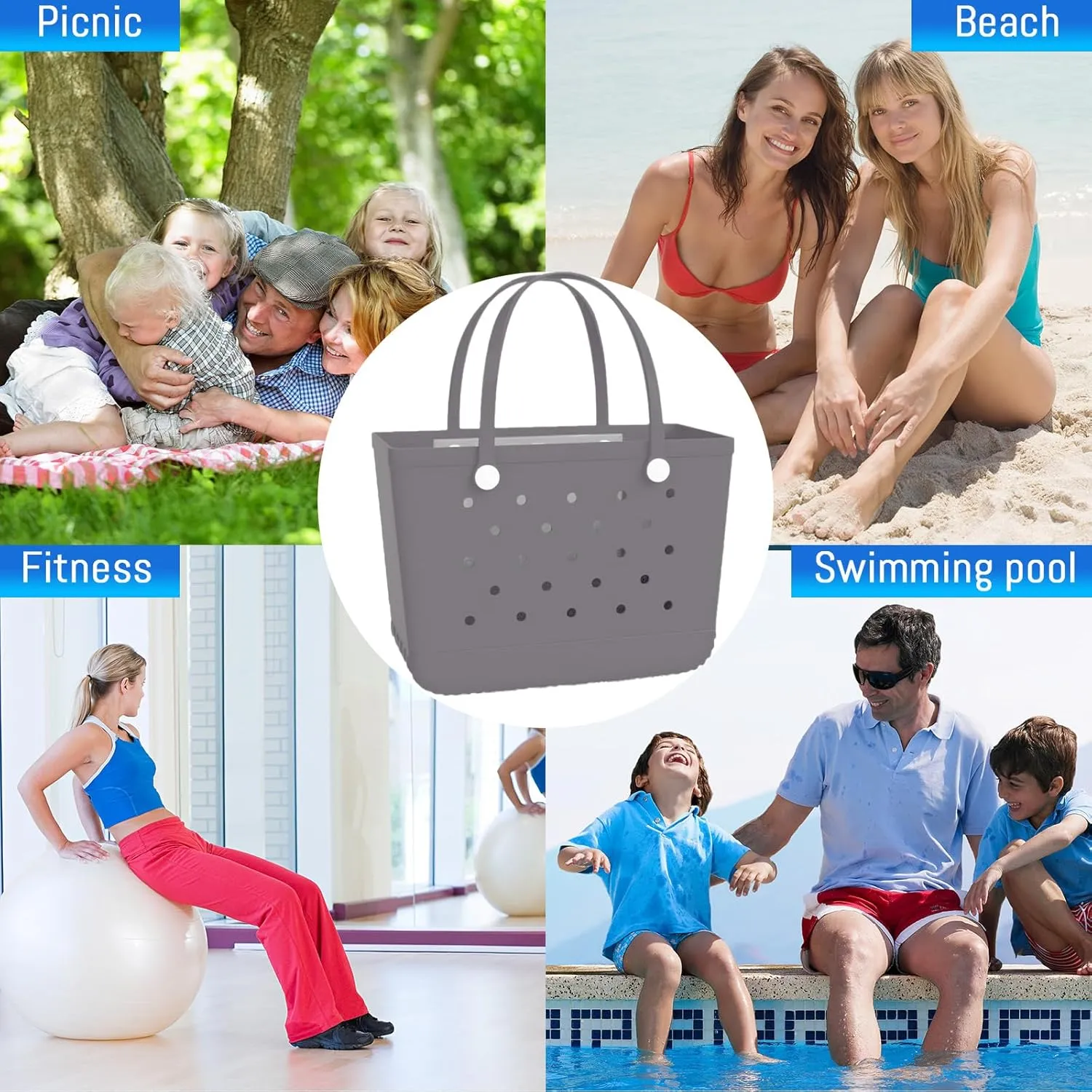X-Large Beach Rubber Bag Waterproof Washable Handbag Durable Modern Travel Tote Bag Sports Beach Groceries Pool Travel