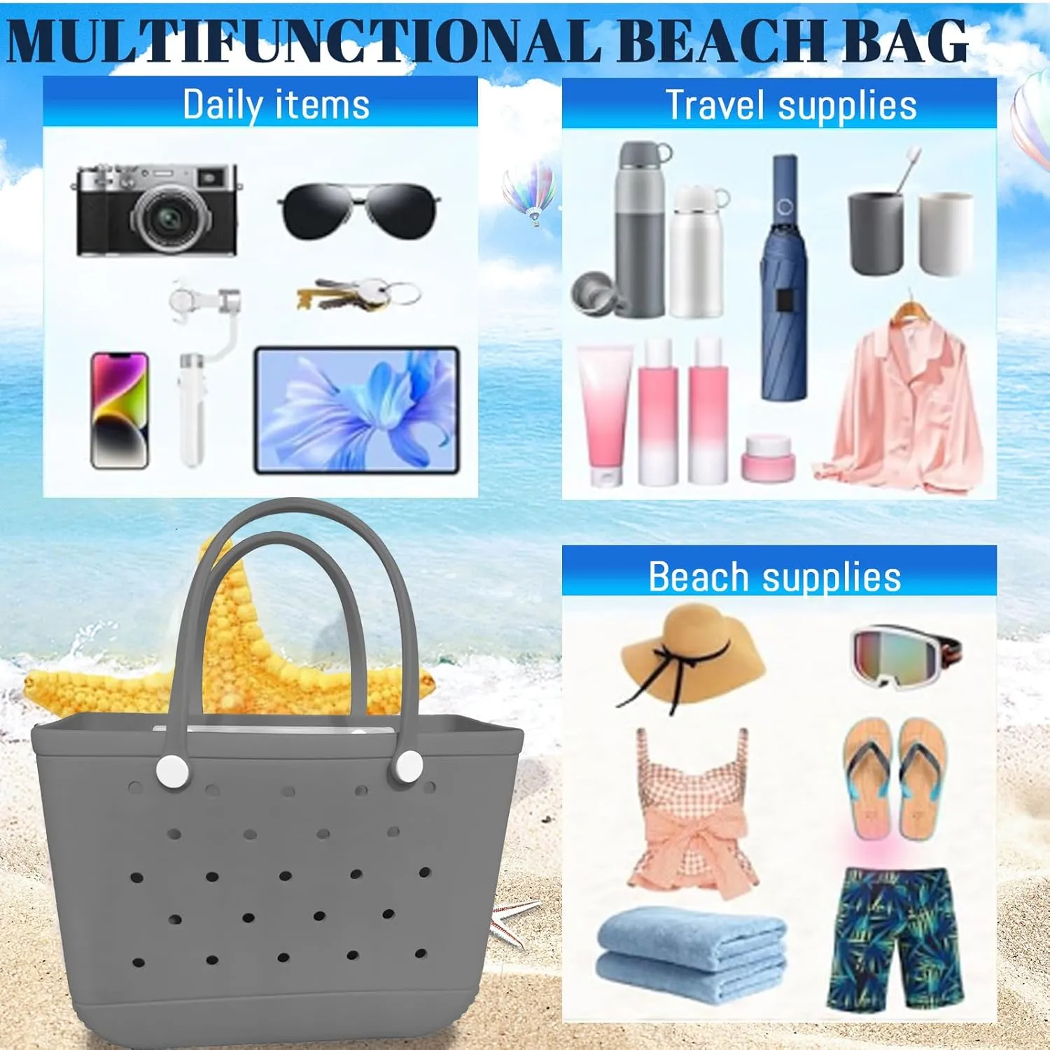X-Large Beach Rubber Bag Waterproof Washable Handbag Durable Modern Travel Tote Bag Sports Beach Groceries Pool Travel