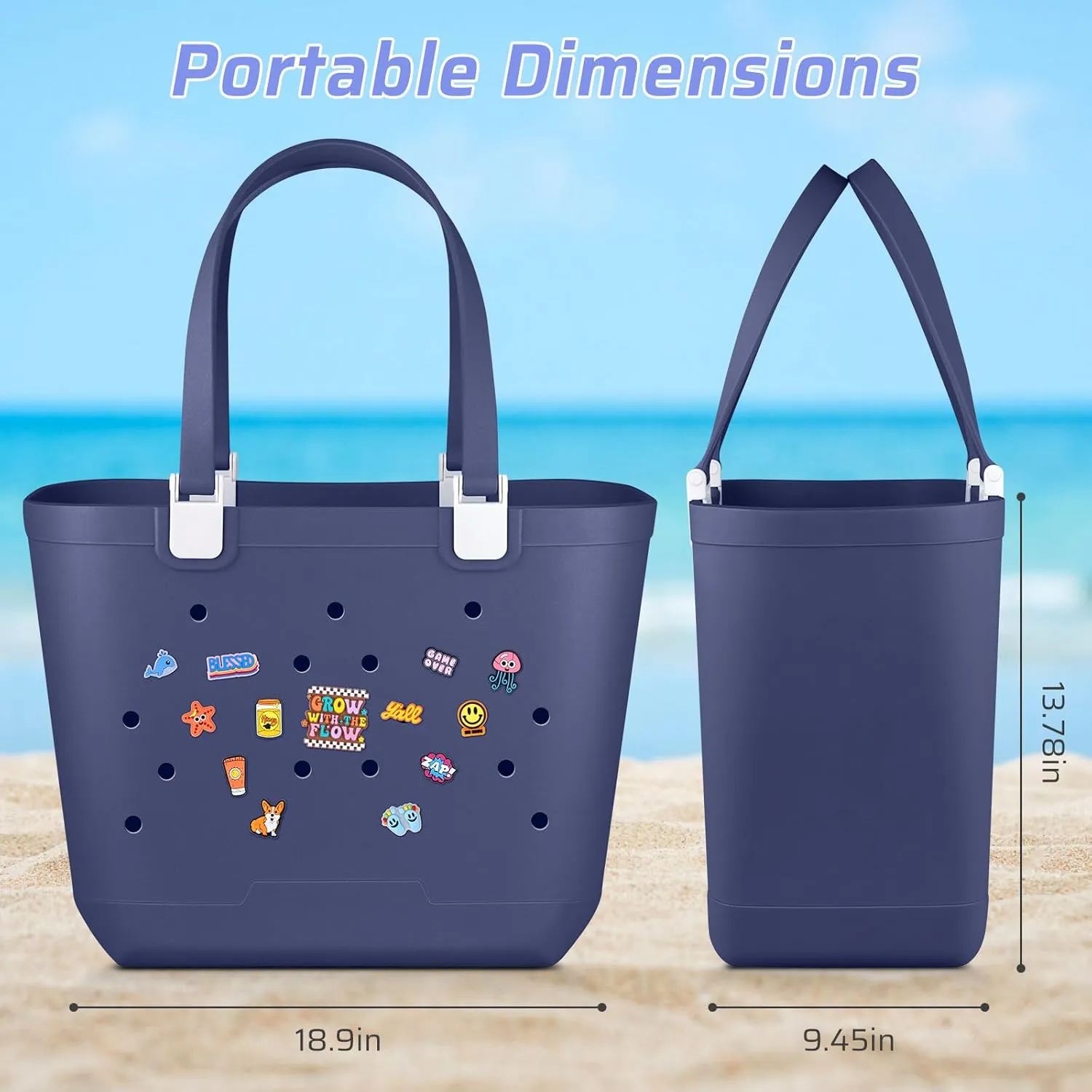 X Large EVA Beach Bag, 19 x 13.7 x 9.5 inch Waterproof Tote Bag, Durable Washable Beach Tote Handbag for Travel