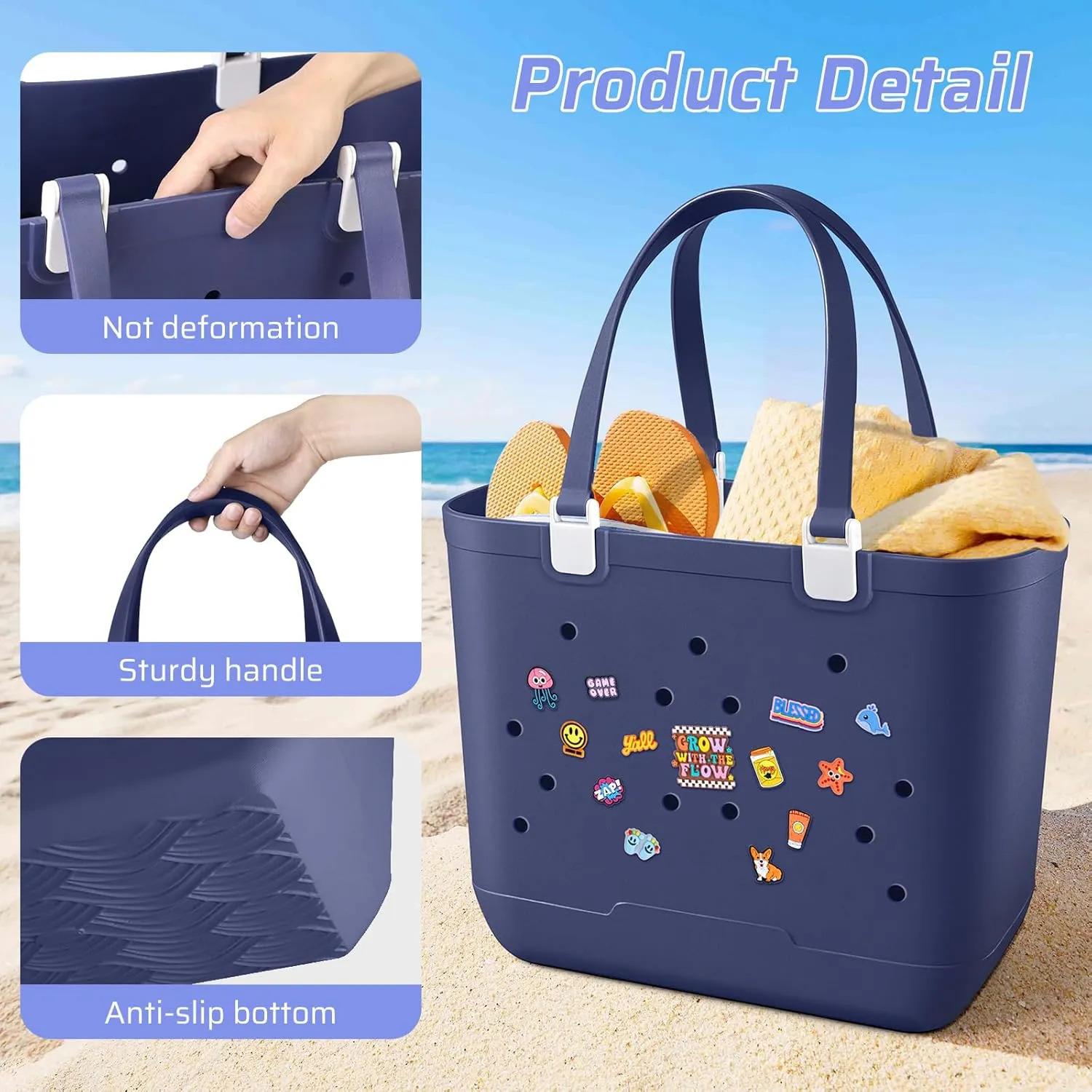 X Large EVA Beach Bag, 19 x 13.7 x 9.5 inch Waterproof Tote Bag, Durable Washable Beach Tote Handbag for Travel