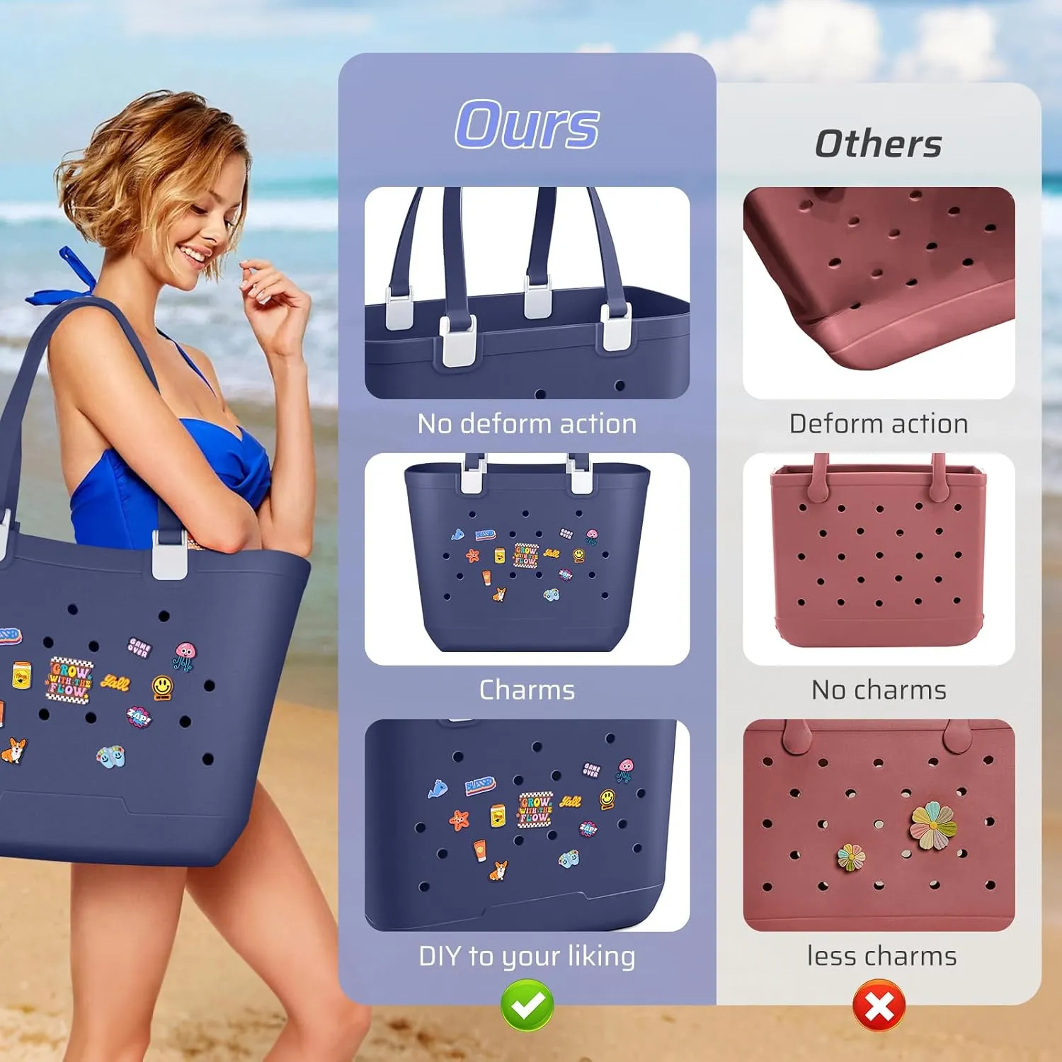 X Large EVA Beach Bag, 19 x 13.7 x 9.5 inch Waterproof Tote Bag, Durable Washable Beach Tote Handbag for Travel