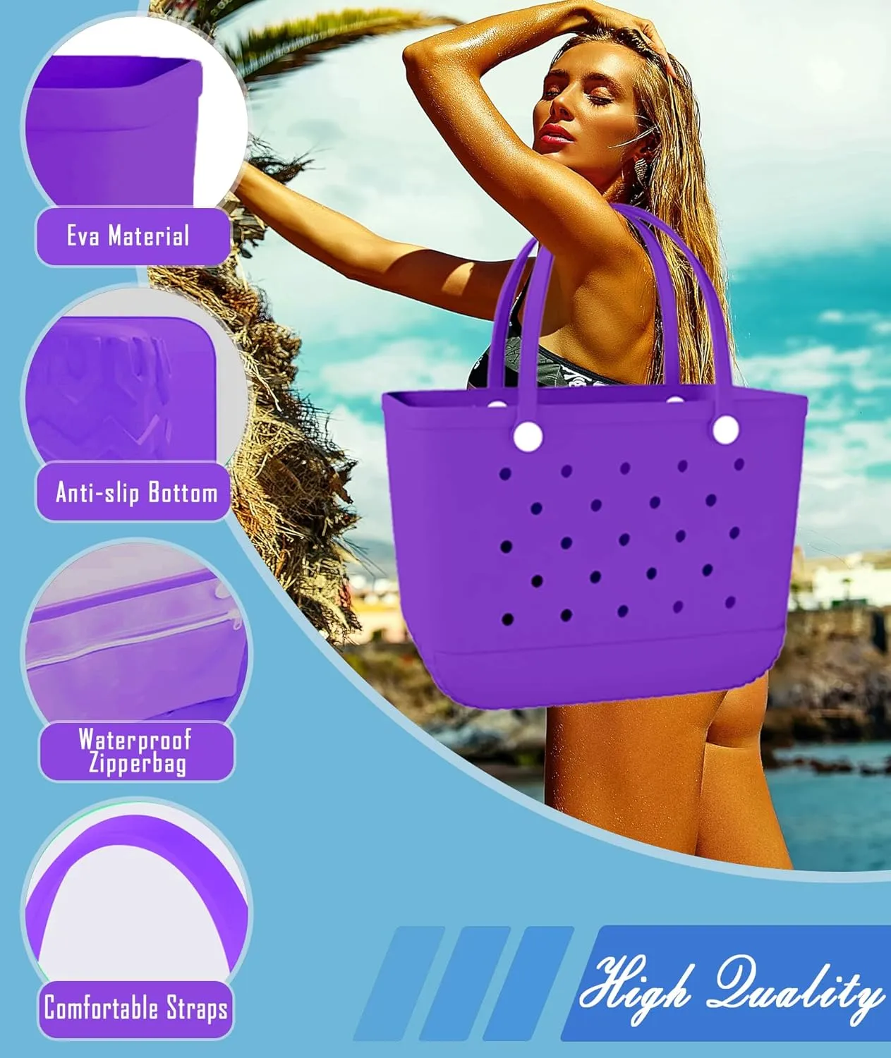 X-Large Rubber Beach Bag Tote Waterproof Tote Bag with Zipper Pocket Modern Travel Tote Bag Sports Beach