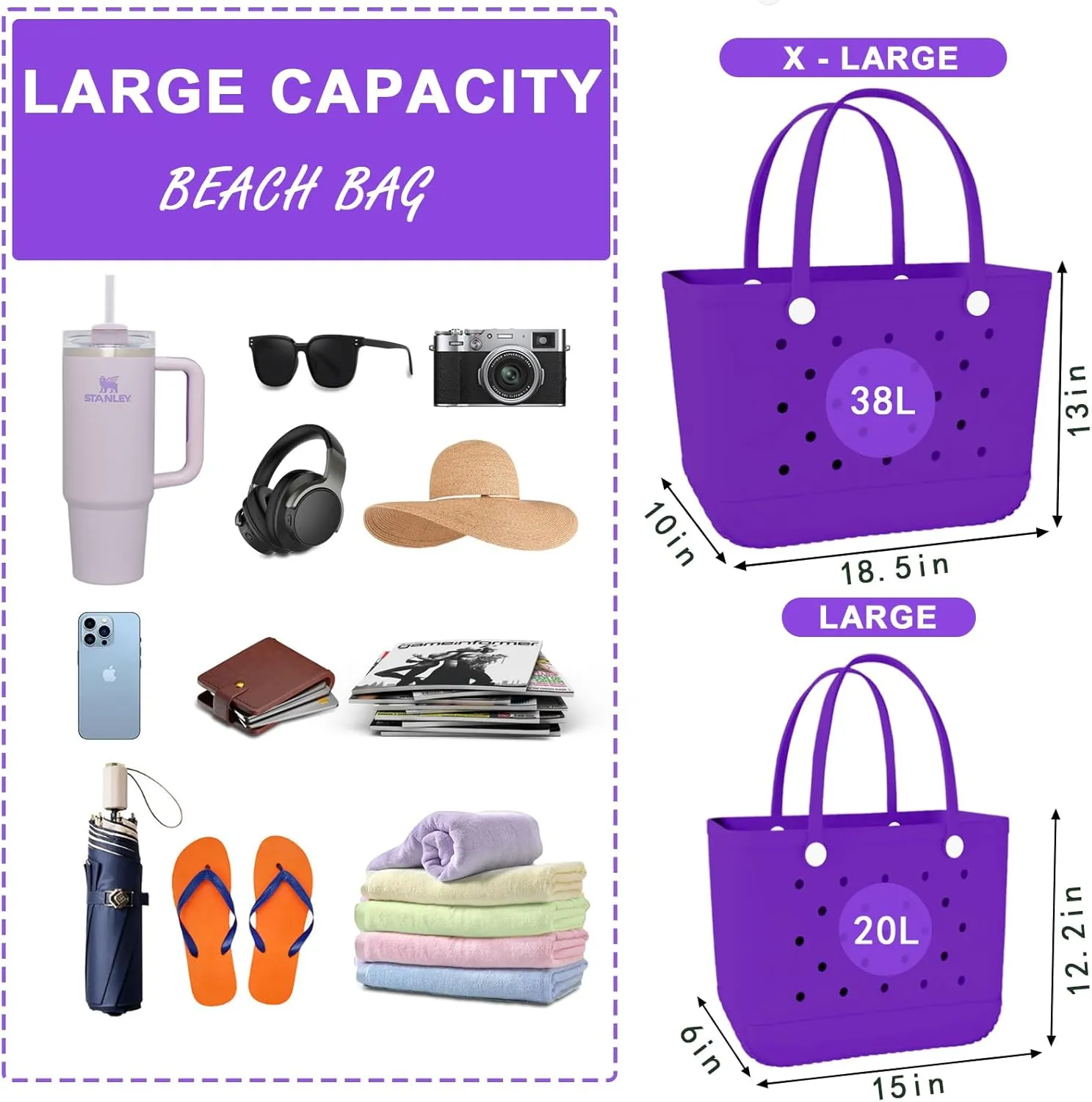 X-Large Rubber Beach Bag Tote Waterproof Tote Bag with Zipper Pocket Modern Travel Tote Bag Sports Beach