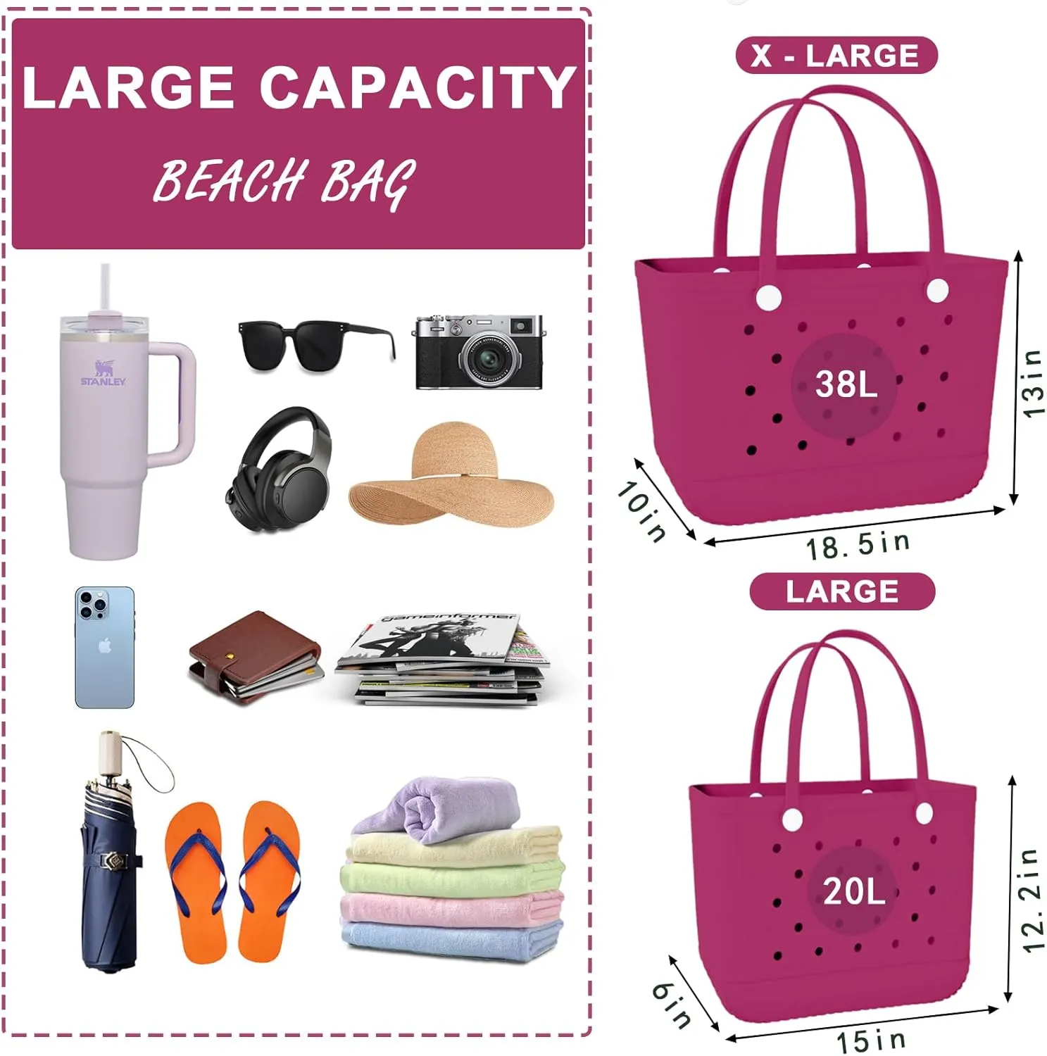 X-Large Rubber Beach Bag Tote Waterproof Tote Bag with Zipper Pocket Modern Travel Tote Bag Sports Beach