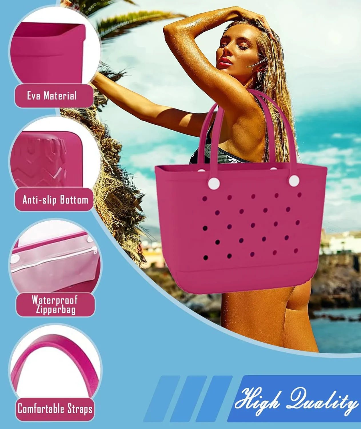 X-Large Rubber Beach Bag Tote Waterproof Tote Bag with Zipper Pocket Modern Travel Tote Bag Sports Beach
