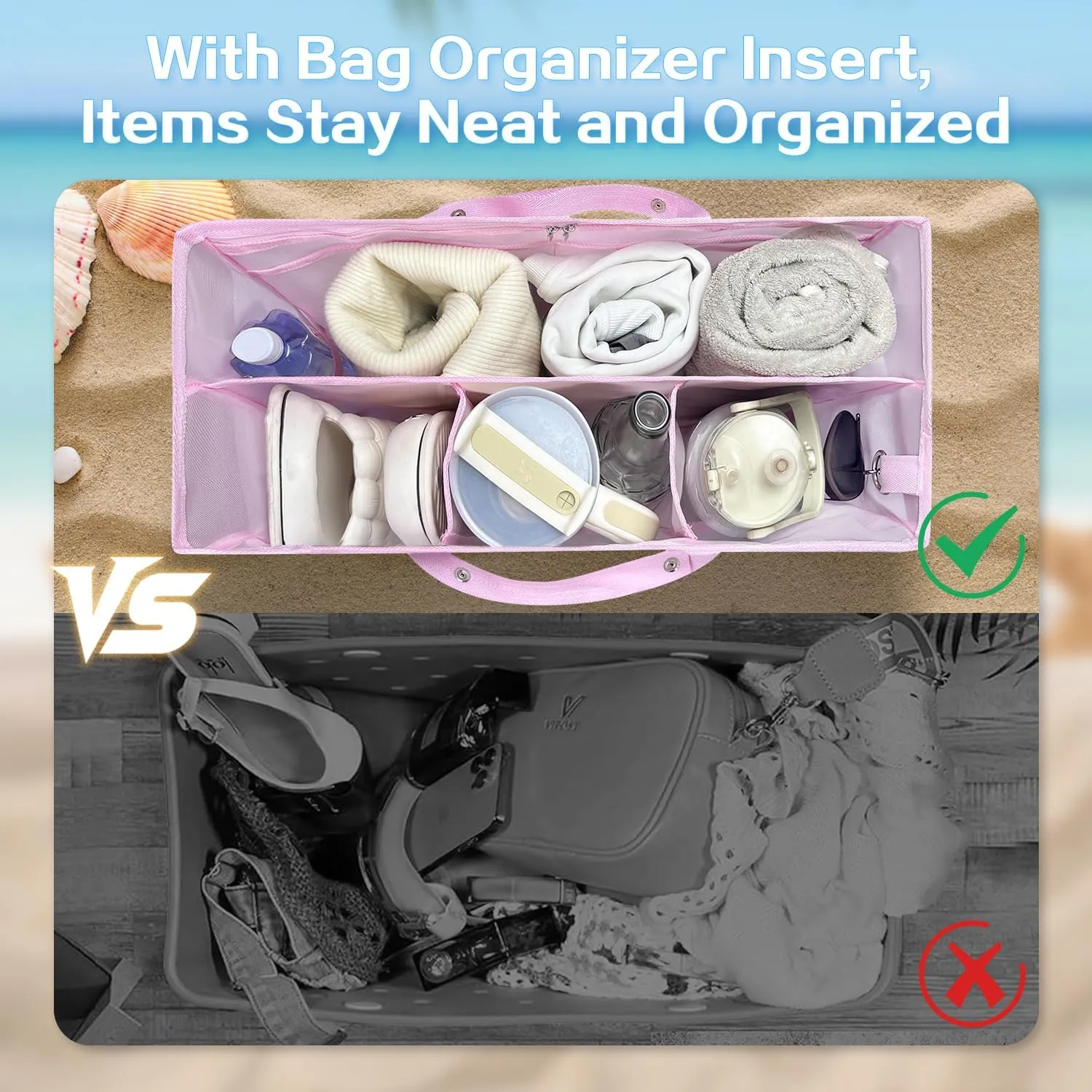 XYFuuee Beach Bag Organizer Inserts for X Large Bogg Bag Accessories, Original XL Lightweight Mesh Insert Divider Pouch, Organizing Rubber Tote Bags, Save Storage Space (Pink)