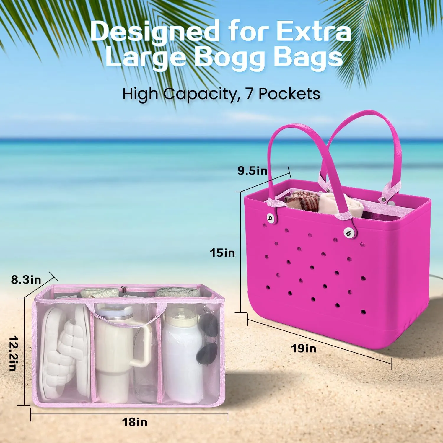 XYFuuee Beach Bag Organizer Inserts for X Large Bogg Bag Accessories, Original XL Lightweight Mesh Insert Divider Pouch, Organizing Rubber Tote Bags, Save Storage Space (Pink)